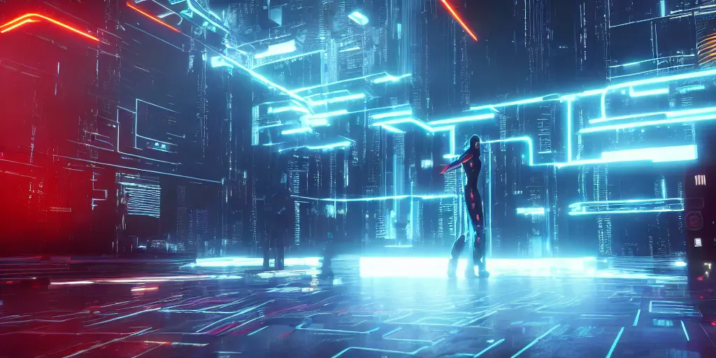 A rogue program hacking through the firewall, in the style of Tron Legacy, cyberpunk vibe, digital render, 8k uhd, unreal engine - generated using Stable Diffusion