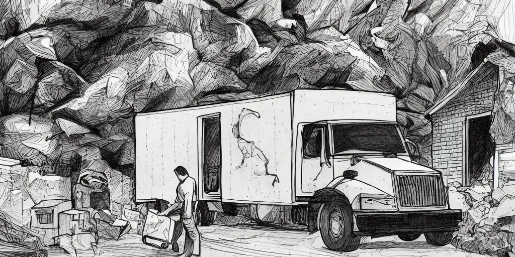 A man packing up and leaving home to move to the city, luggage and boxes outside of his house, a moving truck idling in his driveway, gorgeous illustration, high quality art, masterpiece - generated using Stable Diffusion